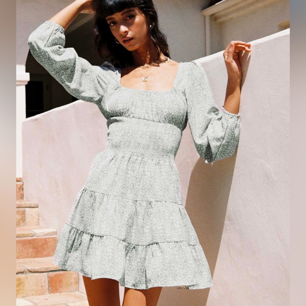 Princess Polly Size 12 Floral Green and White Long Sleeve Mini Dress